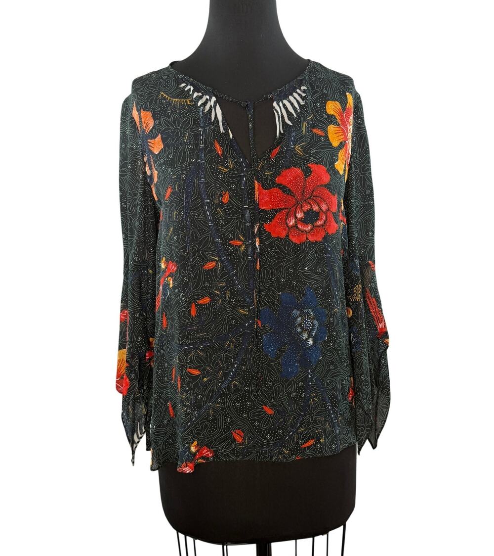 Kobi Halperin Black Blouse Silk Rubie Floral Tie Split Neck Bell Sleeve Small S